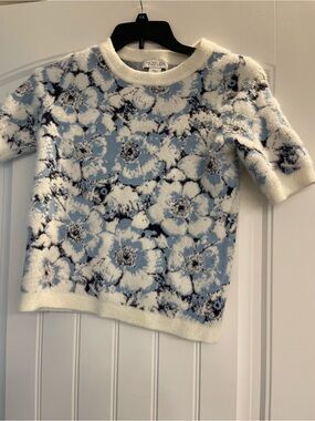 Rachel Zoe Blue & White Floral Fuzzy Eyelash Knit Short Sleeve Sweater Womens S